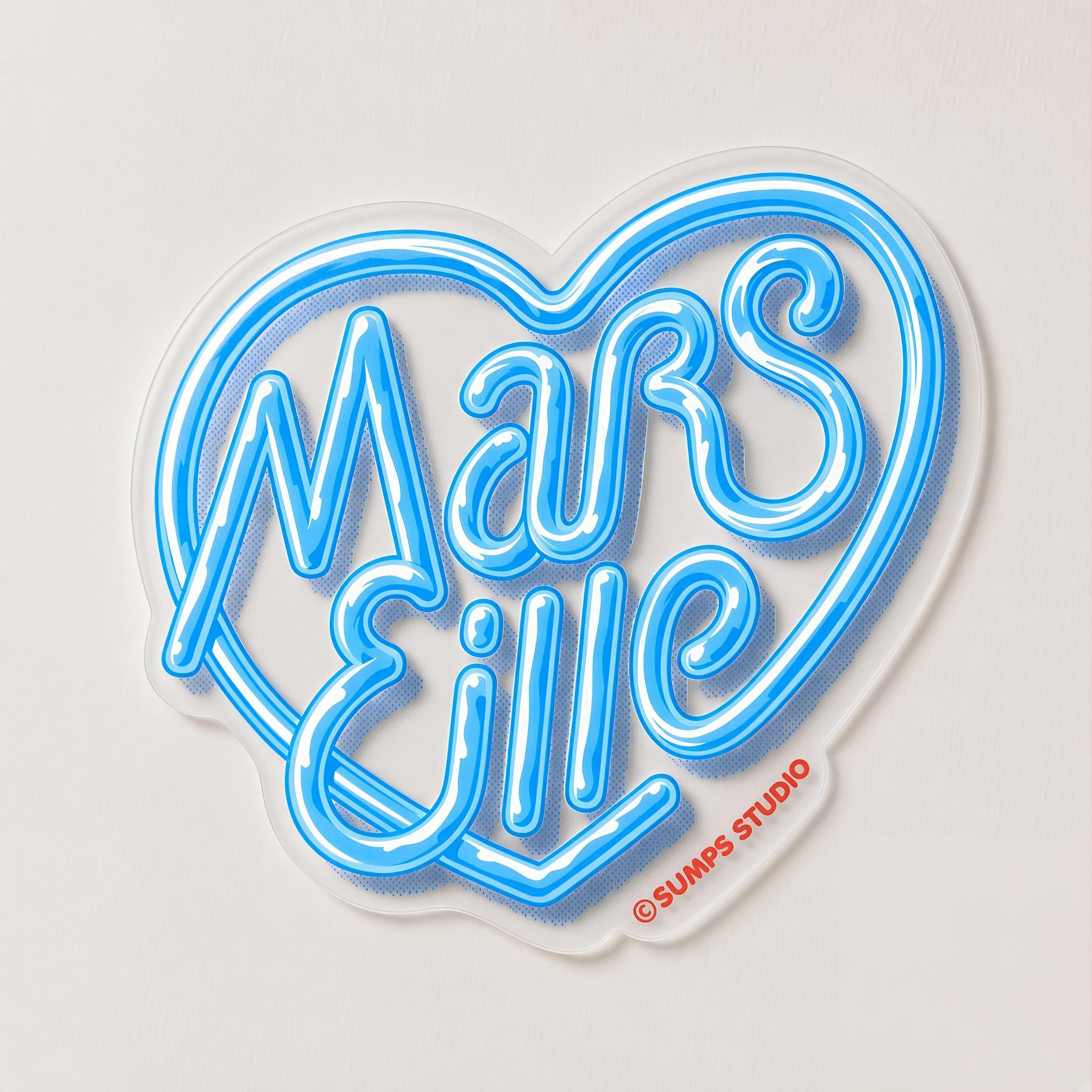 Sticker Mars Love – recto fond blanc, lettrage néon bleu Marseille